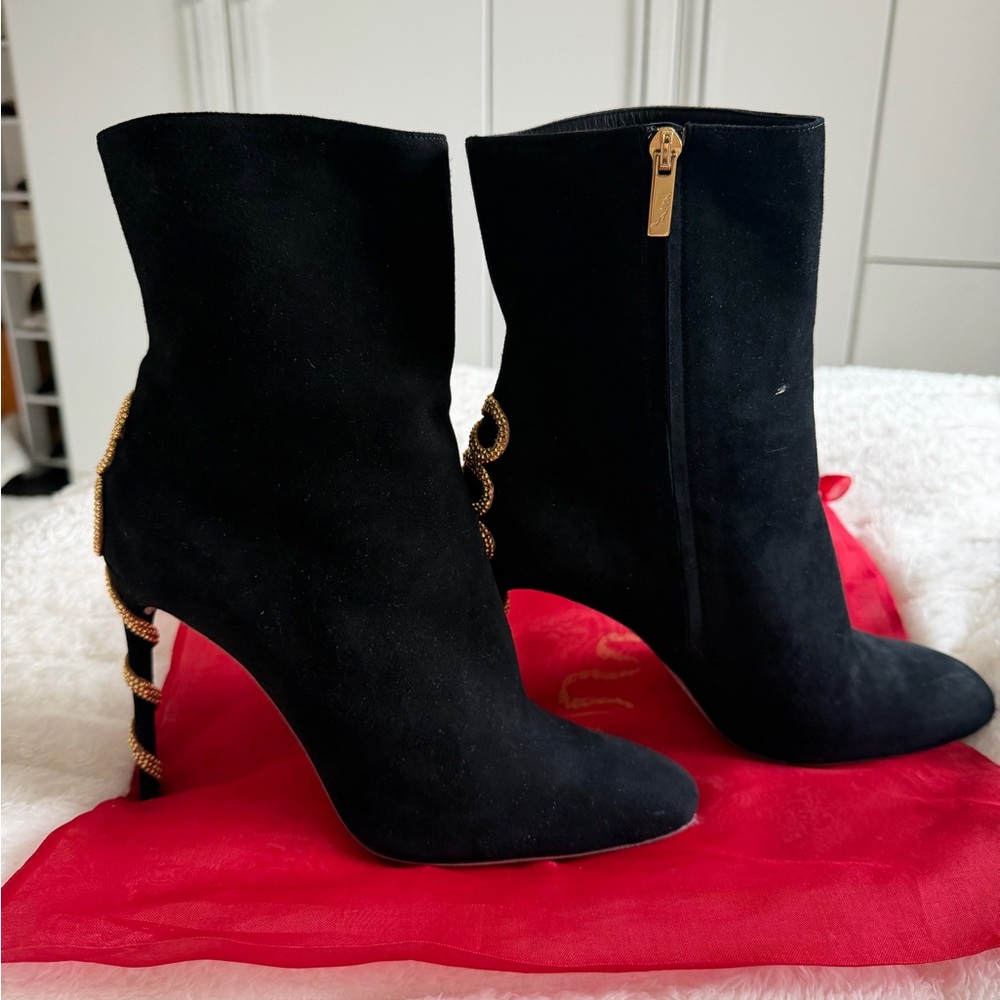 Rene Caovilla Black Suede Ankle Boots with Gold Crystal Serpent - Picture 4 of 8